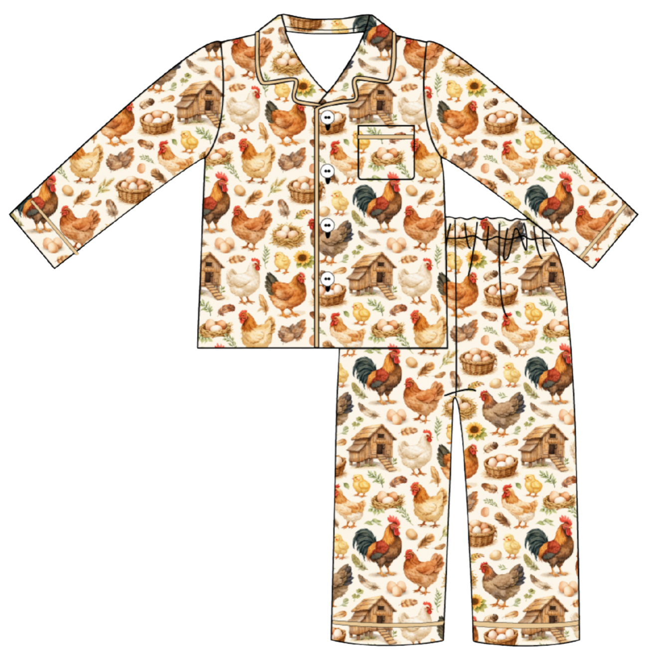 Adult Long Two-Piece Little Hens Pajamas (2.0 Style)