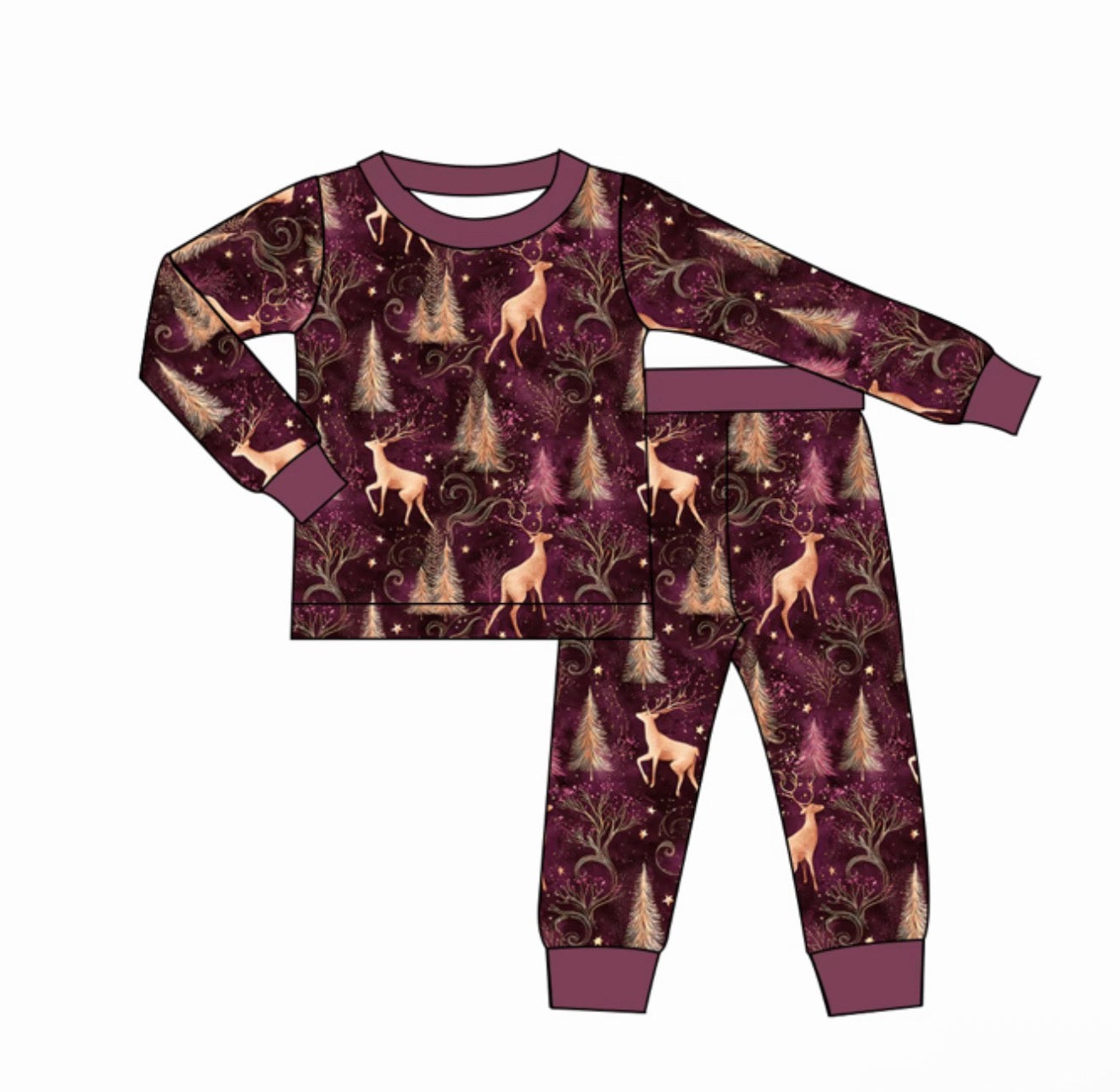 Long Two-Piece Woodland Reindeer Pajamas **PREORDER**
